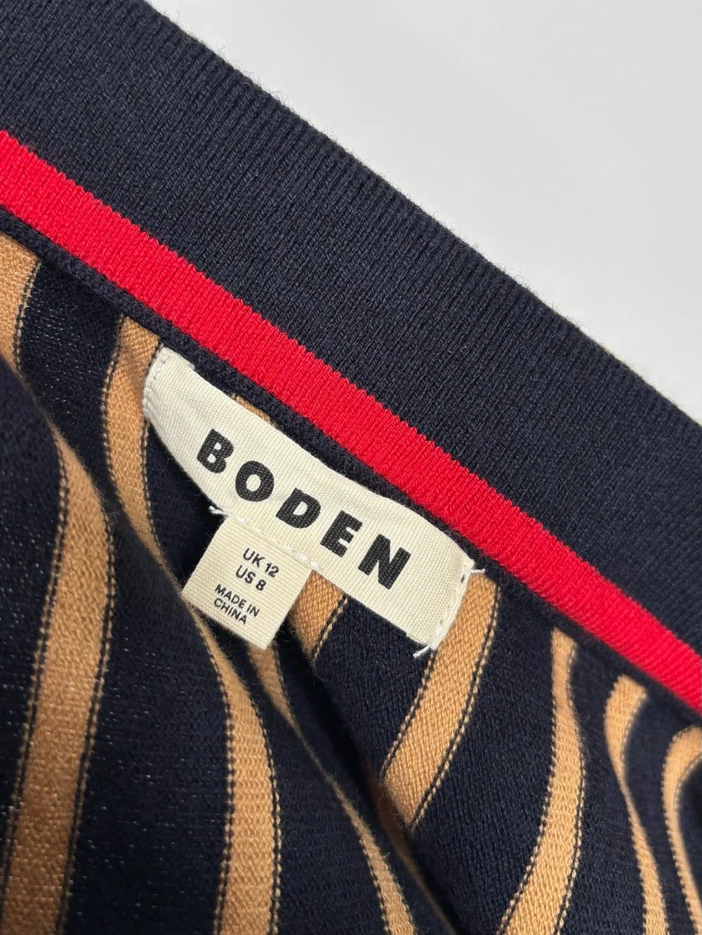 Boden Liz Knitted Midi Skirt Navy Camel Stripe Cotton Wool Size 8